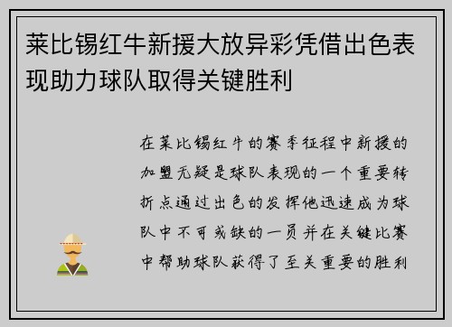 莱比锡红牛新援大放异彩凭借出色表现助力球队取得关键胜利