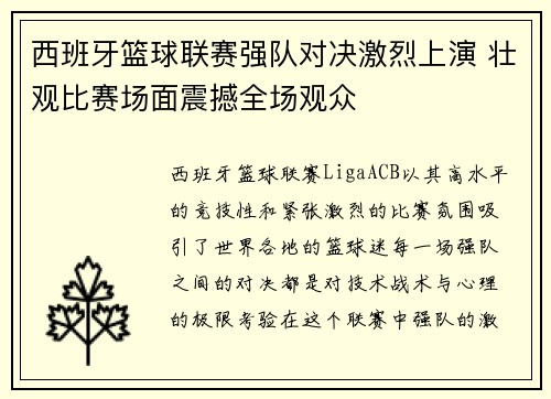 西班牙篮球联赛强队对决激烈上演 壮观比赛场面震撼全场观众